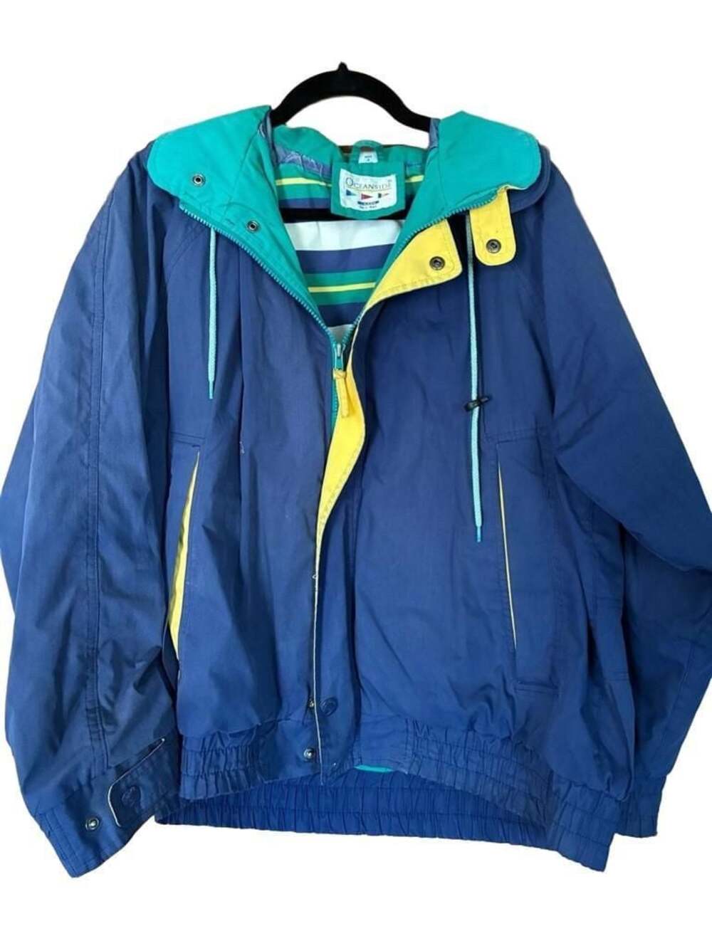 Vintage Oceanside Blue Zip Up Snap Up Jacket With Striped Lining Large